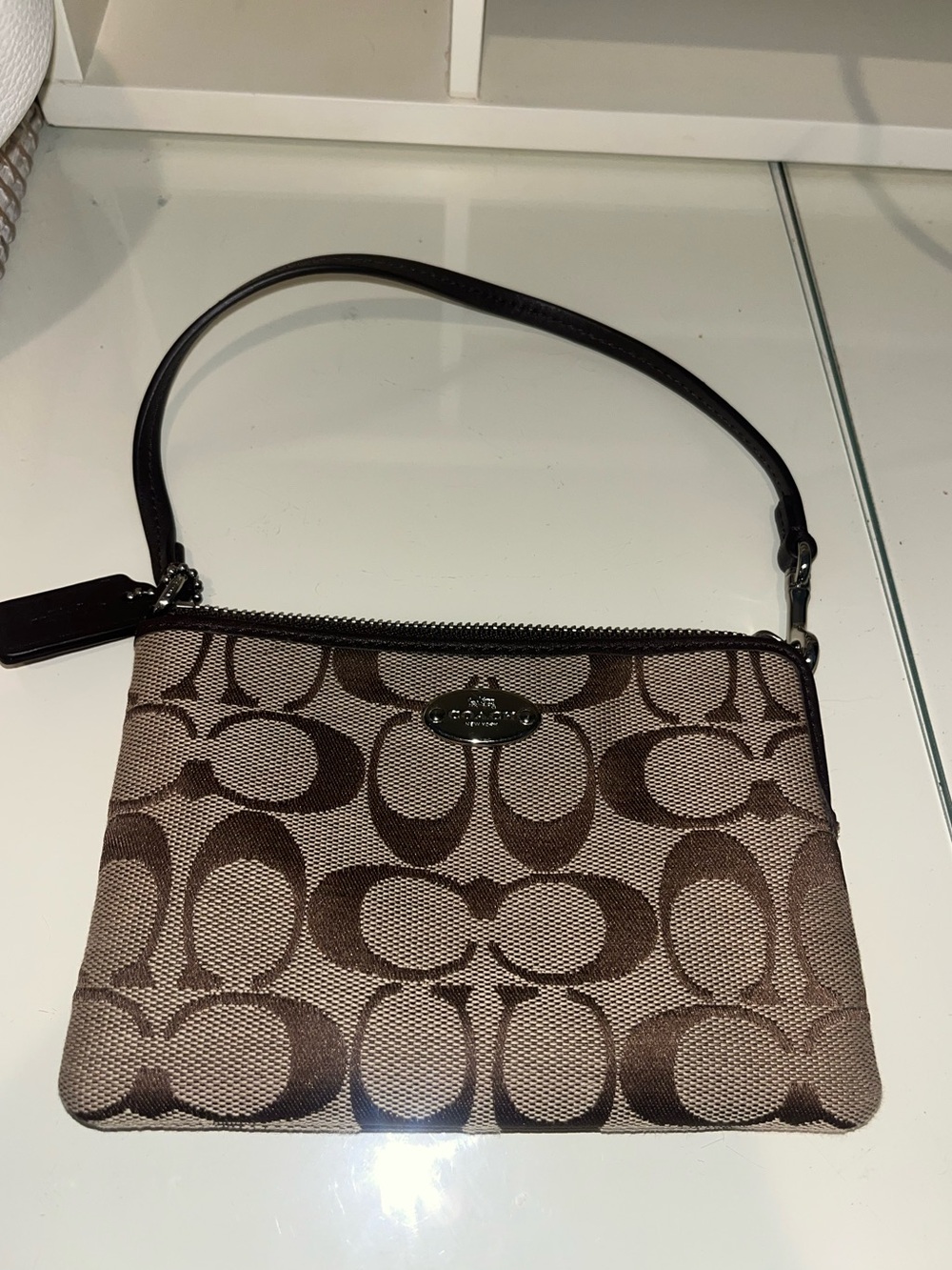 Coach Signature Jacquard Corner Zip Wristlet Brown Khaki F64375